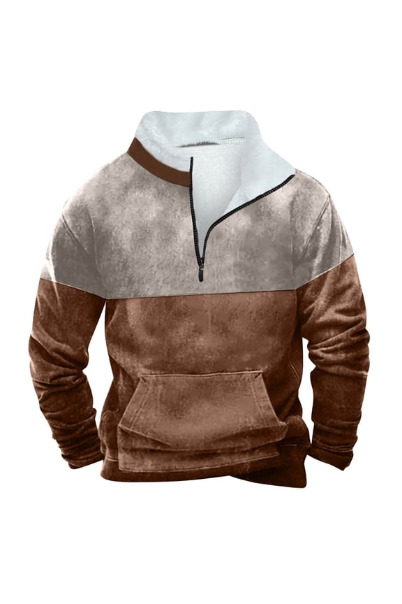 Mens Color Block Sweatshirts Thin Fleece Stand Neck Shirts Big and Tall Western Vintage Sweatshirt Long Sleeve Half Zipper Pullover Shirt Tops Coffee 4XL