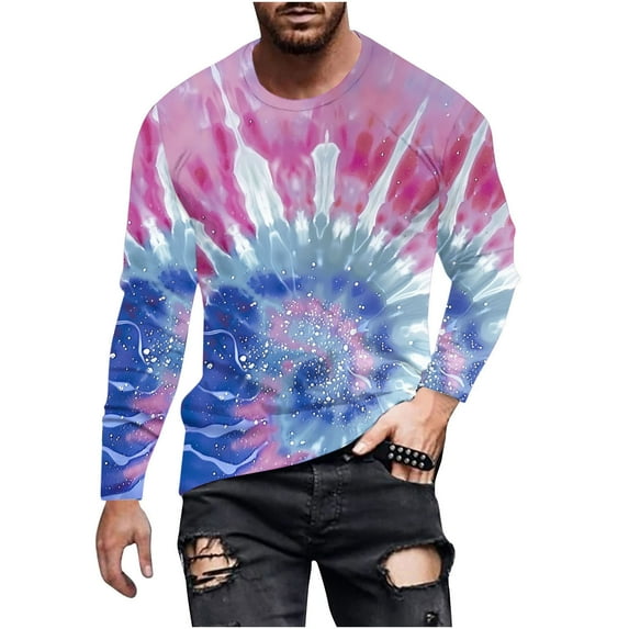 Dagegui Mens Colorful Long Sleeve T-Shirts Fashion Tie Dye Print Pullover Shirt Big and Tall Outdoor Athletic Tees Tops Casual Holiday Party Shirts Blue M