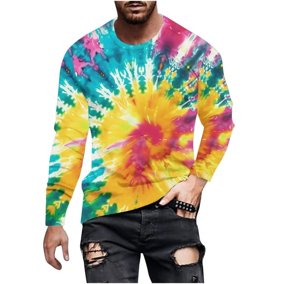 Dagegui Mens Colorful Long Sleeve T-Shirts Fashion Tie Dye Print Pullover Shirt Big and Tall Outdoor Athletic Tees Tops Casual Holiday Party Shirts Yellow M