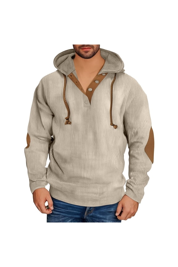 Mens Corduroy Hoodies Vintage V-Neck Button Down Sweatshirt Drawstring Hooded Pullover Fall Trendy Elbow Patches Tops Khaki XXXL