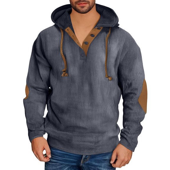 Dagegui Mens Corduroy Hoodies Vintage V-Neck Button Down Sweatshirt Drawstring Hooded Pullover Fall Trendy Elbow Patches Tops Navy L