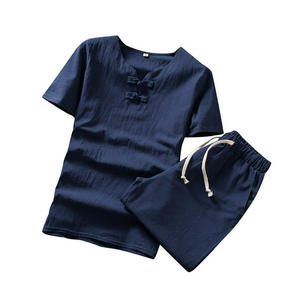 Dagegui Mens Cotton 2 Piece Sets Big and Tall V Neck T-Shirts and Short Pants Set Solid Casual Outfits Comfy Daily Clothes Blue XL