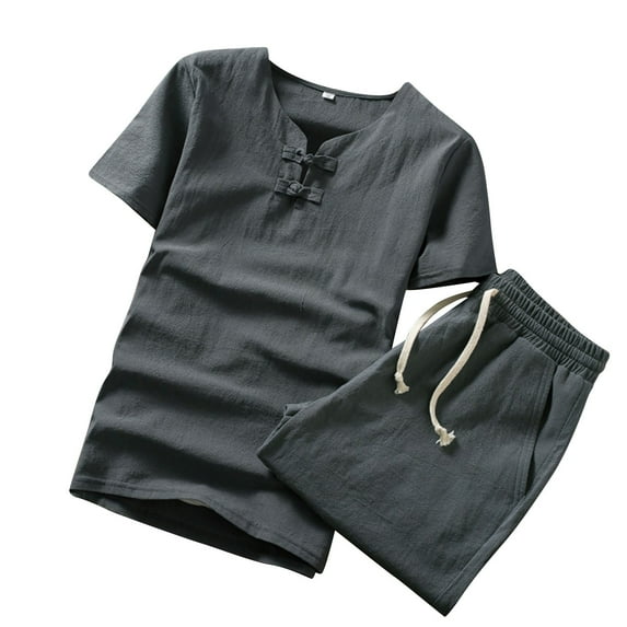 Dagegui Mens Cotton 2 Piece Sets Big and Tall V Neck T-Shirts and Short Pants Set Solid Casual Outfits Comfy Daily Clothes Gray 5XL