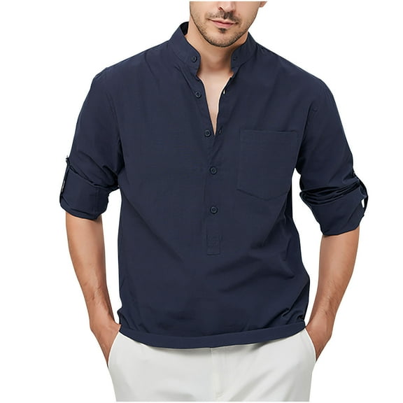 Dagegui Mens Cotton Linen Henley Shirts Long Sleeve Collared Button Down Shirt Pullover Summer Beach T-Shirts with Chest Pocket Dark Blue XL