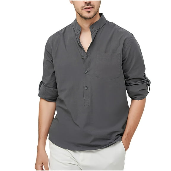 Dagegui Mens Cotton Linen Henley Shirts Long Sleeve Collared Button Down Shirt Pullover Summer Beach T-Shirts with Chest Pocket Gray S