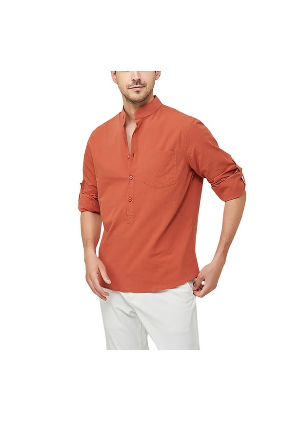 Mens Cotton Linen Henley Shirts Long Sleeve Collared Button Down Shirt Pullover Summer Beach T-Shirts with Chest Pocket Orange L