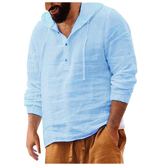 Dagegui Mens Cotton Linen Hoodies Long Sleeve Button Down Pullover Solid Color Drawstring Hooded Shirt for Casual Daily Beach Light Blue M