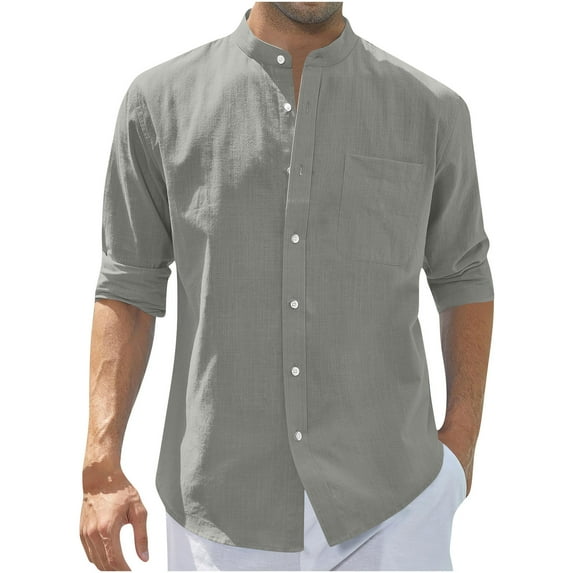 Dagegui Mens Cotton Linen Long Sleeve Shirts Casual Mock Neck Button Down Shirt Solid Color Beach Vacation Tees Summer Tops with Chest Pocket Gray,2XL