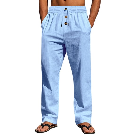 Dagegui Mens Cotton Linen Pants Casual Drawstring Waist Straight-Legs Summer Yoga Beach Long Pants Loose Breathable Buttons Trim Trousers Light Blue M