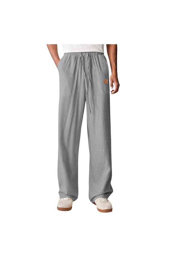 Mens Cotton Linen Pants Drawstring Elastic Waist Straight Leg Casual Pant Lightweight Summer Slacks Solid Trousers Gray M