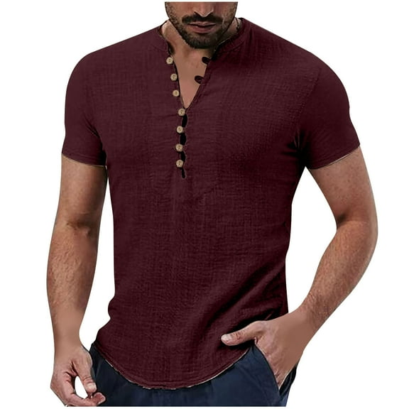 Dagegui Mens Cotton Linen Shirts Short Sleeve V Neck Henley Shirt Solid Color T-Shirts Lightweight Pullover Tops Casual Outdoor Vacation Travel Tees Wine,L