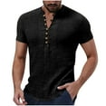 thumbnail image 1 of Dagegui Mens Cotton Linen Shirts Short Sleeve V Neck Henley Shirt Solid Color T-Shirts Lightweight Pullover Tops Casual Outdoor Vacation Travel Tees Black,XXXL, 1 of 5