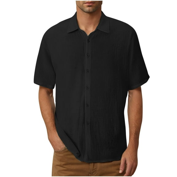 Dagegui Mens Cotton Linen Shirts Solid Casual Loose Fit T-Shirts Short Sleeve Button Down Lapel Shirt Tops Big and Tall Homewear Tees Black,L