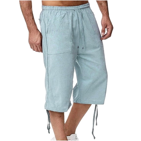 Dagegui Mens Cotton Linen Shorts Below Knee Elastic Waist Drawstring Pants Summer Casual Everyday Beach Short Pant with Pockets Light Blue M