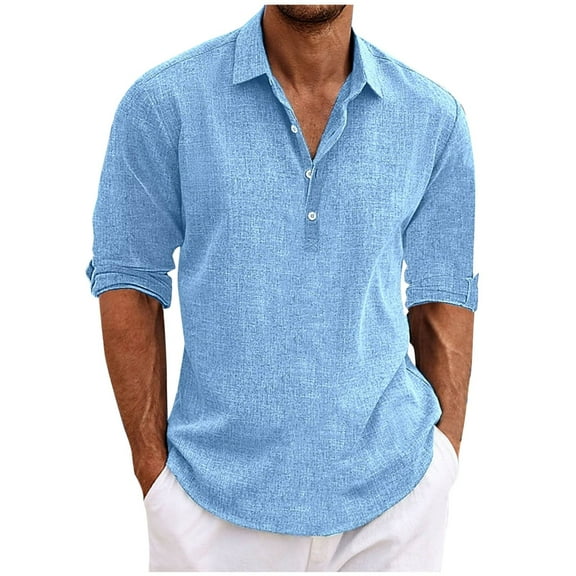 Dagegui Mens Cotton Linen T-Shirt Solid Rolled Long Sleeve Button Down Shirts Casual Beach Tops Lightweight Breathable Pullover Tee Light Blue M