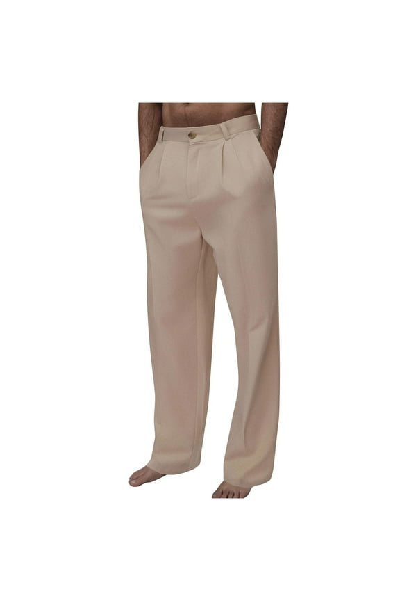 Mens Cotton Linen Work Pants Dressy Button Zip Front Long Pant Lightweight Straight Leg Pleated Slacks Summer Pocket Trouser Khaki,2XL