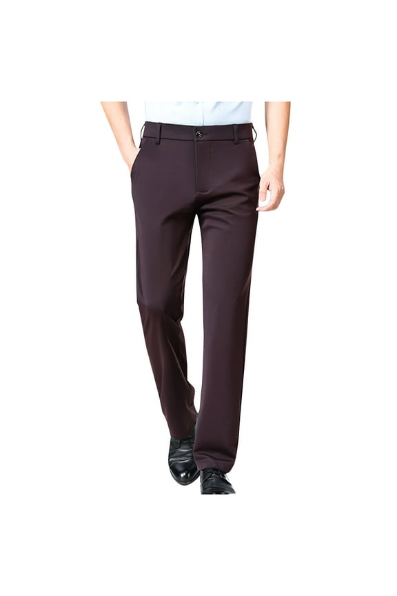 Mens Cotton Pants Dress Slim Fit Work Pant Straight Leg Business Trousers with Pockets Wine 2XL