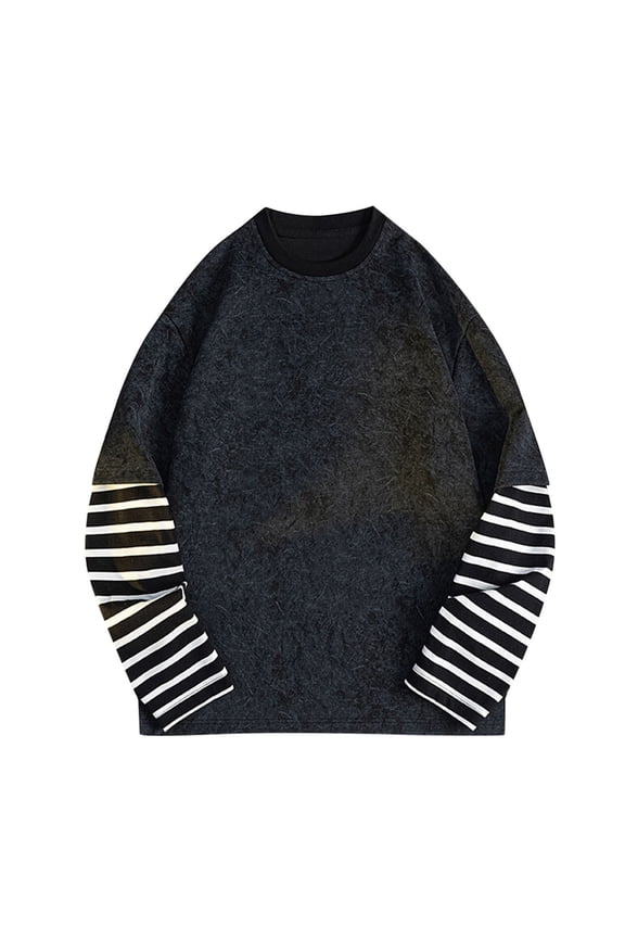 Mens Cotton Shirts Fake Two Piece Patchwork Long Sleeve Casual Loose Fit Pullover Tops Spring Crewneck T-Shirts Black L