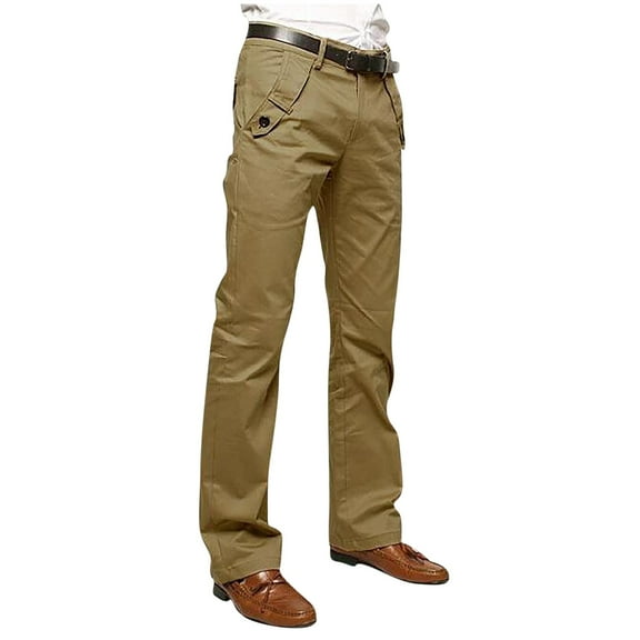 Dagegui Mens Cotton Work Pants Solid Color Straight Leg Tactical Pant Dress Business Trousers No Belt Khaki 29