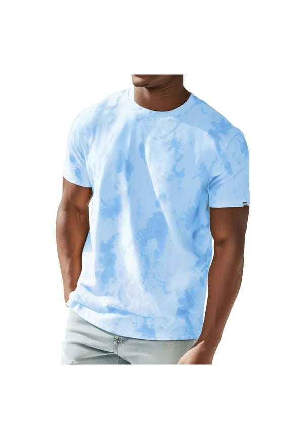 Mens Crew Neck Light Blue T Shirts Tie-dye Short Sleeve Shirt Summer Lightweight Casual Loose Fit Tee Everyday Tops L