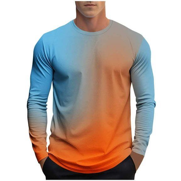 Dagegui Mens Crew Neck Long Sleeve Shirts Gradient Color Tee Big and Tall Fall Tops Casual Loose Fit T-Shirts Orange M