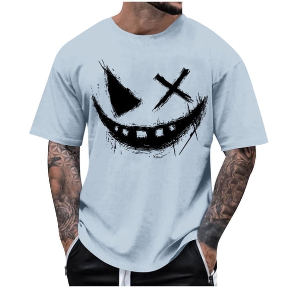 Dagegui Mens Crew Neck Short Sleeve Tops Smile Face Graphic T Shirt Big & Tall Summer Tee Trendy Holiday Party T-Shirts Light Blue XXXL