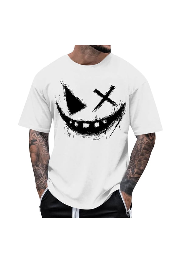 Mens Crew Neck Short Sleeve Tops Smile Face Graphic T Shirt Big & Tall Summer Tee Trendy Holiday Party T-Shirts White XXXXXL
