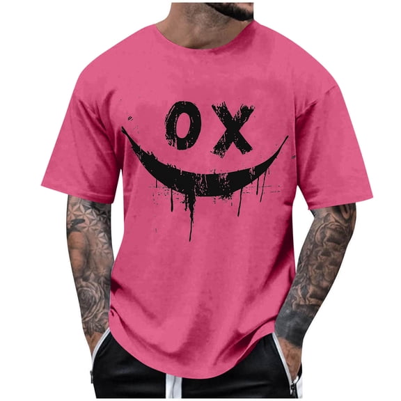 Dagegui Mens Crew Neck Short Sleeve Tops Smile Face Graphic T-Shirt Plus Size Casual Loose Fit Tee Trendy Streetwear Hiphop T Shirts Hot Pink S