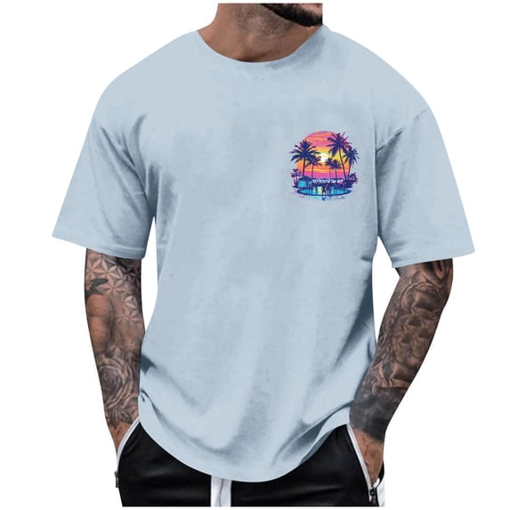Dagegui Mens Crew Neck T-Shirt Palm Tree Graphic Short Sleeve Pullover Tops Oversized Casual Loose Fit Tshirts Summer Basic Tees Light Blue XXXL
