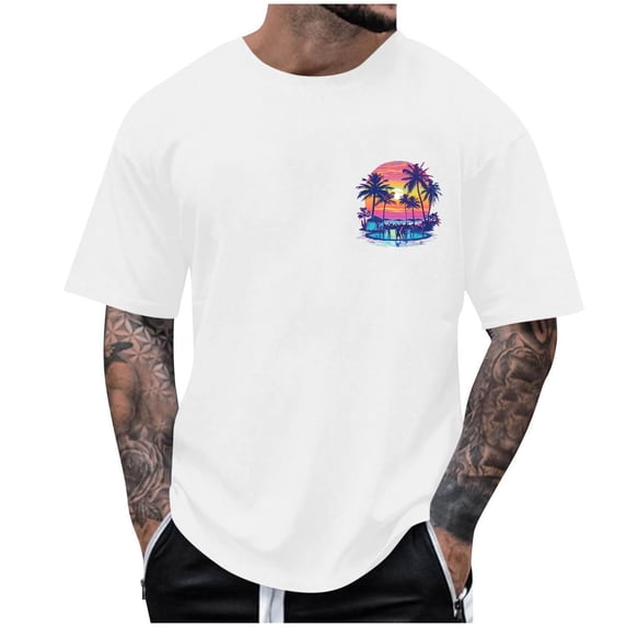 Dagegui Mens Crew Neck T-Shirt Palm Tree Graphic Short Sleeve Pullover Tops Oversized Casual Loose Fit Tshirts Summer Basic Tees White XXL