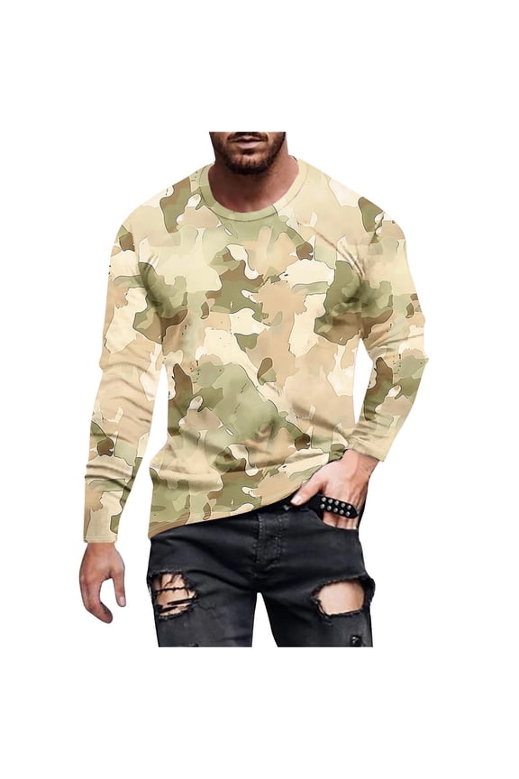 Mens Crewneck Pullover Tops Camo Long Sleeve T Shirts Fashion Camouflage Printed Tees Lightweight Outdoor Active Shirts Khaki,XL