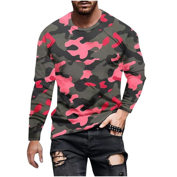 Dagegui Mens Crewneck Pullover Tops Camo Long Sleeve T Shirts Fashion Camouflage Printed Tees Lightweight Outdoor Active Shirts Pink,M