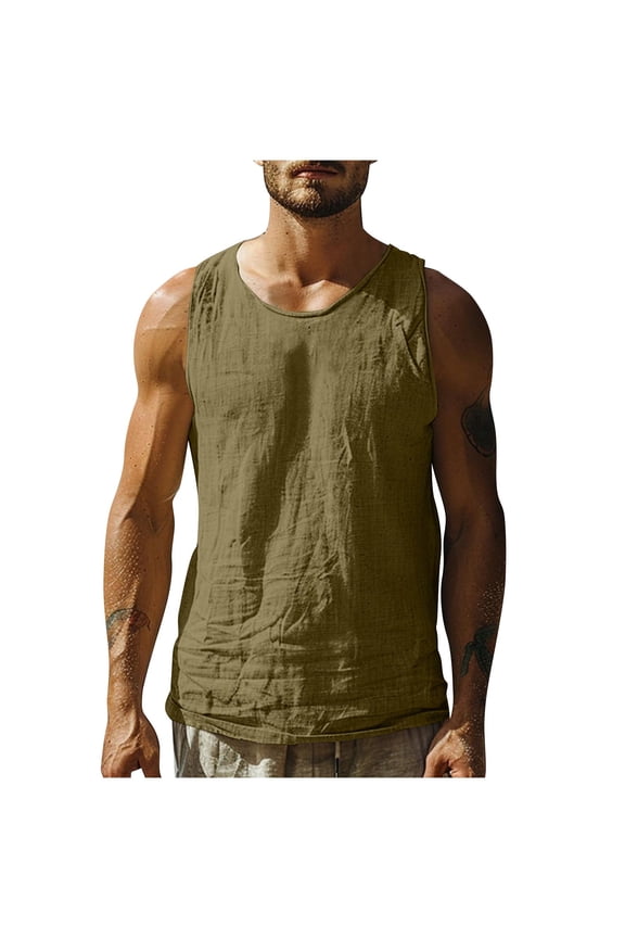 Mens Crewneck Sleeveless Shirts Linen Beach Vacation Tank Tops Summer Casual Breathable T-Shirt Tanks Army Green XXXXL