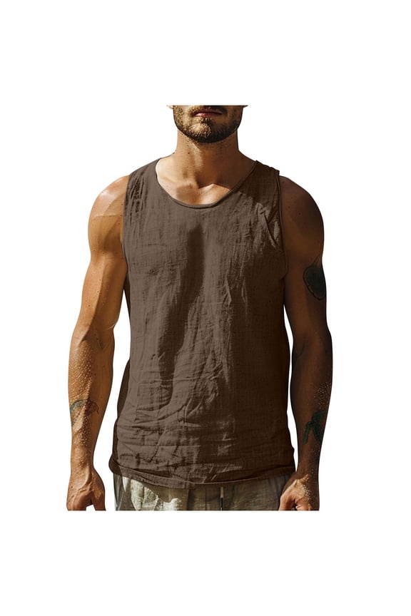 Mens Crewneck Sleeveless Shirts Linen Beach Vacation Tank Tops Summer Casual Breathable T-Shirt Tanks Brown XXXL