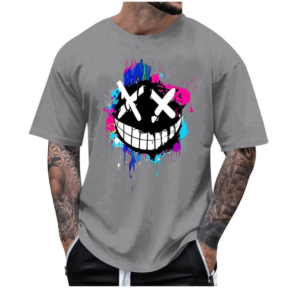 Dagegui Mens Crewneck T Shirts Smile Teeth Graphic Short Sleeve Tops Loose Fit Casual Tees Streetwear Big and Tall Summer T-Shirts Gray S