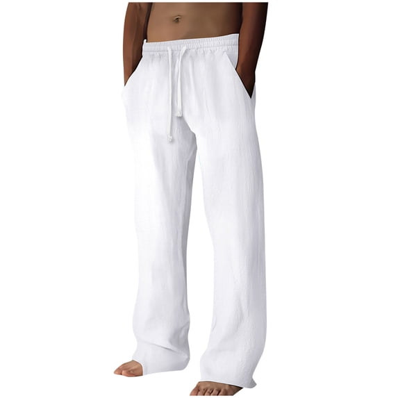 Dagegui Mens Drawstring Cotton Linen Pants Casual Elastic Waist Straight Leg Pant Lightweight Breathable Summer Pockets Slacks White,XL