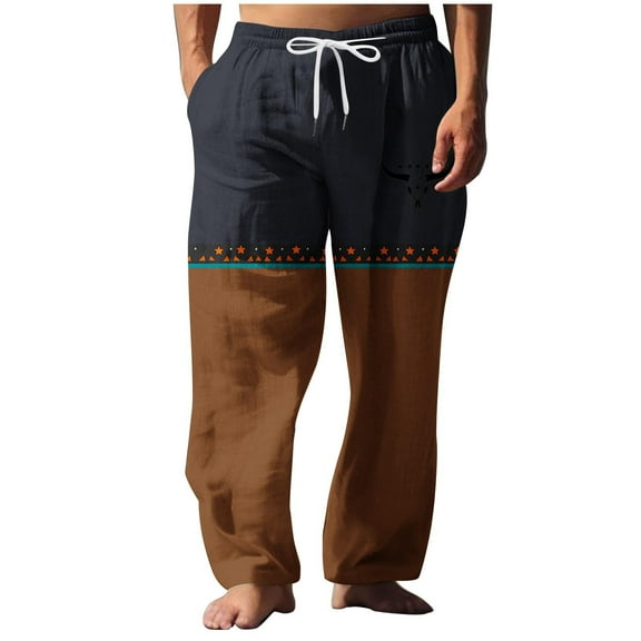 Dagegui Mens Drawstring Elastic Waist Pants Cotton Linen Casual Loose Straight Leg Pant Big and Tall Western Vintage Trousers Brown XL