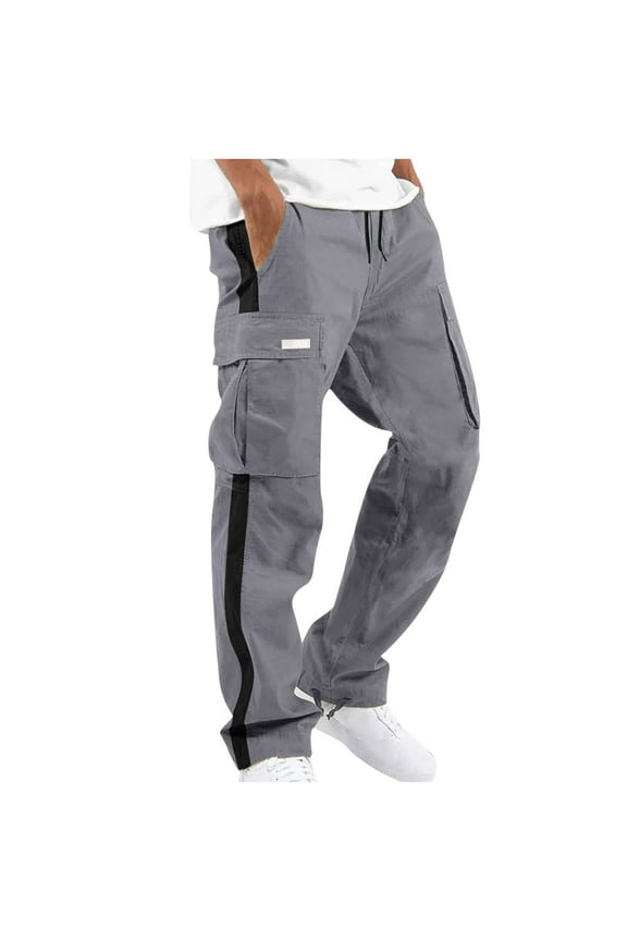 Mens Drawstring Elastic Waist Work Pant Cotton Side Striped Athletic Pants Casual Straight Fit Tactical Pants Outdoor Hiking Trousers with Pockets Today Sales Gray,M