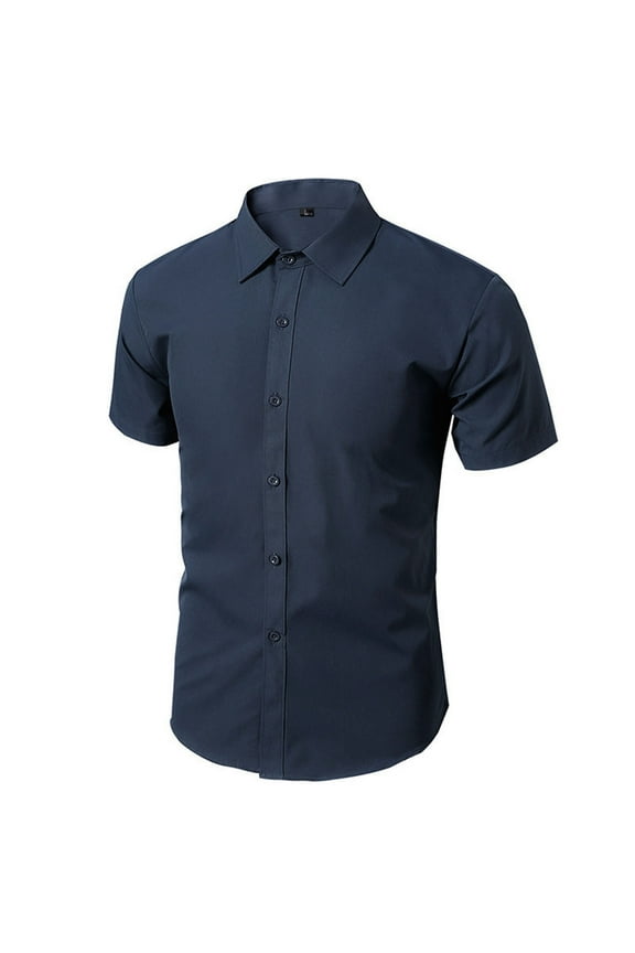 Mens Dress Shirt Wrinkle Free Short Sleeve T-Shirts Casual Button Down Shirts Solid Color Business Tees Blouses Navy,XL