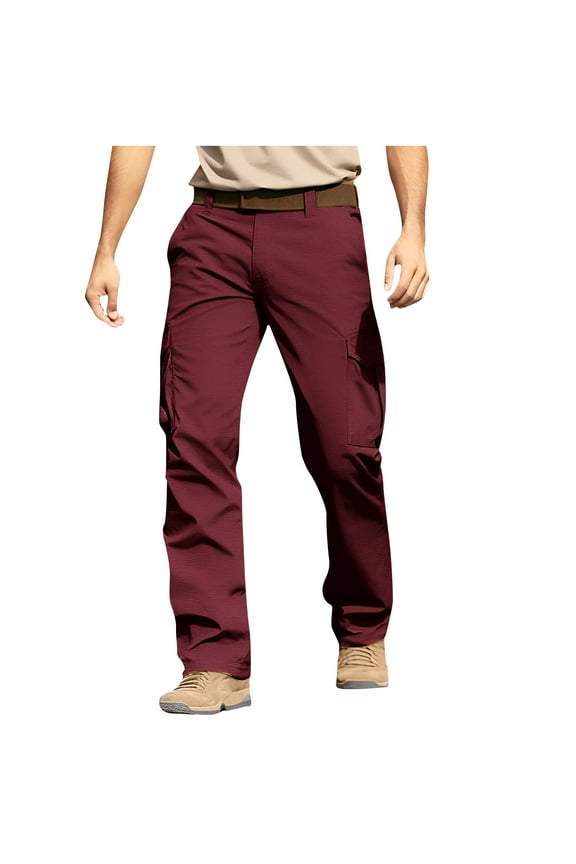 Mens Elastic Waist Cargo Pants Big and Tall Running Athletic Pant Lightweight Outdoor Hiking Tactical Pant Multi-Pocket Jogger Work Pants No Belt Wine 2XL