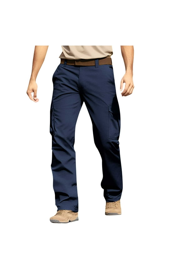 Mens Elastic Waist Cargo Pants Big and Tall Running Athletic Pant Lightweight Outdoor Hiking Tactical Pant Multi-Pocket Jogger Work Pants No Belt Navy 5XL