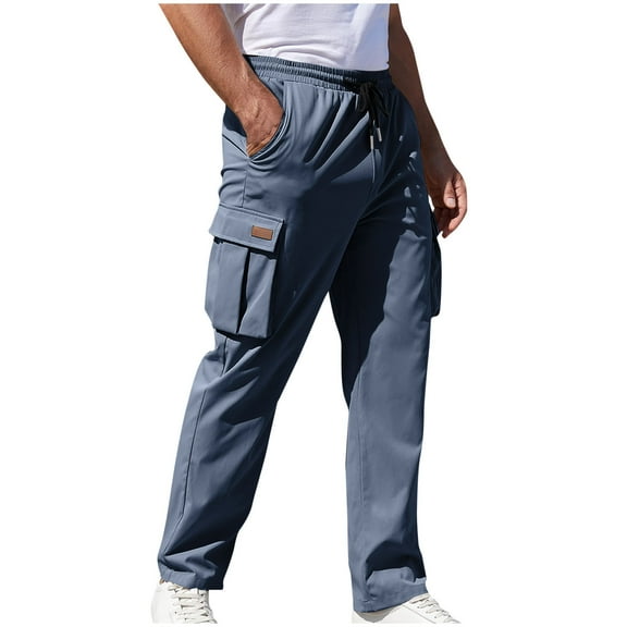 Dagegui Mens Elastic Waist Cargo Pants Drawstring Running Jogger Athletic Pant Loose Straight Leg Hiking Trousers with Pockets Blue XL