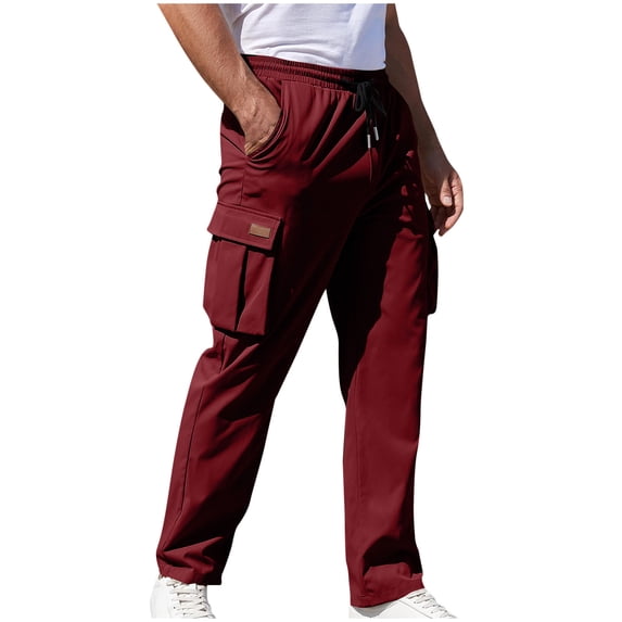 Dagegui Mens Elastic Waist Cargo Pants Drawstring Running Jogger Athletic Pant Loose Straight Leg Hiking Trousers with Pockets Wine M