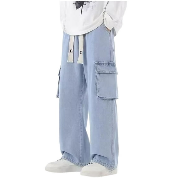 Dagegui Mens Elastic Waist Jeans Denim Straight Leg Cargo Pants Trendy Multi-Pockets Streetwear Pant Light Blue XXL