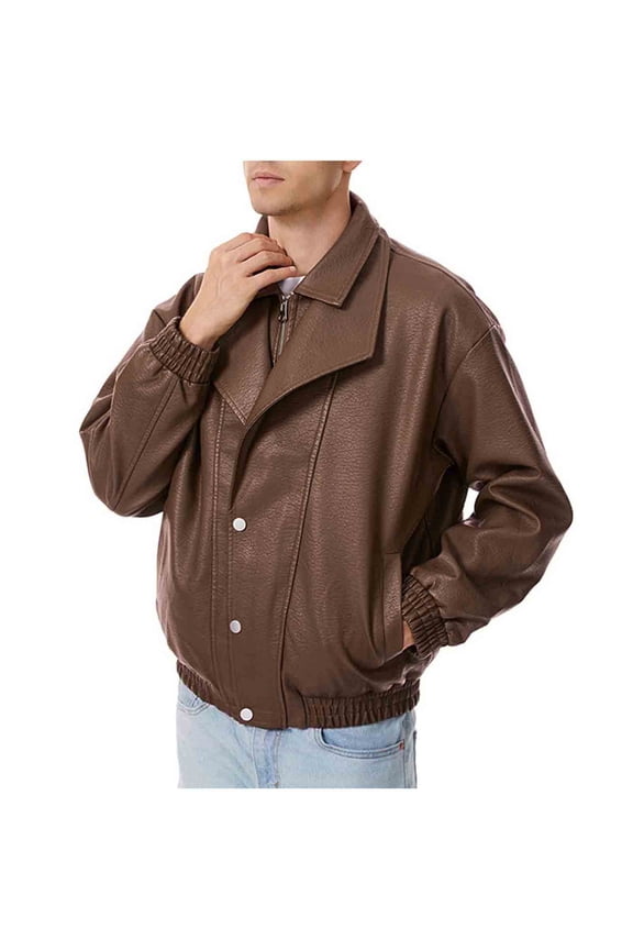 Mens Faux Leather Jacket Stylish Double Collar Bomber Jackets Lapel Zip Up Snap-Front Moto Coats with Pockets Coffee L
