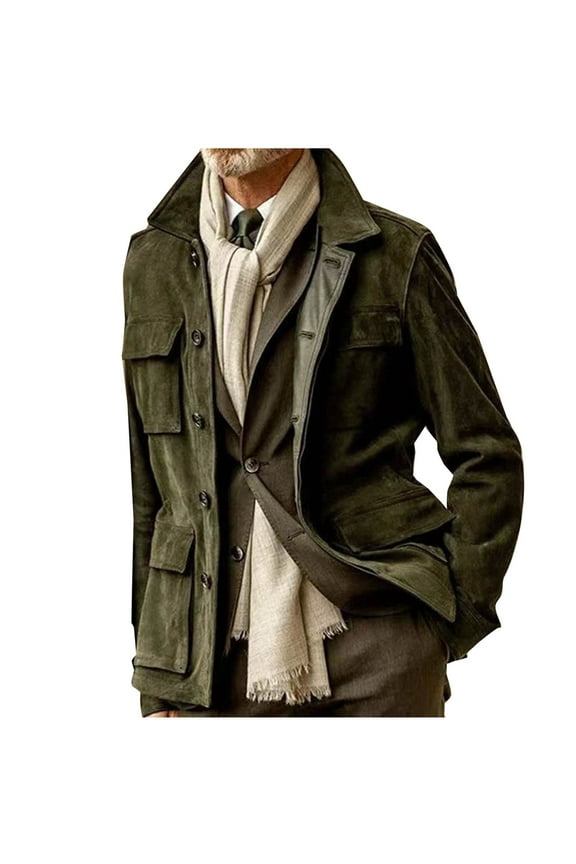 Mens Faux Suede Leather Jackets Single Breasted Lapel Neck Outerwear Vintage Coat Winter Jacket with Pockets Army Green M
