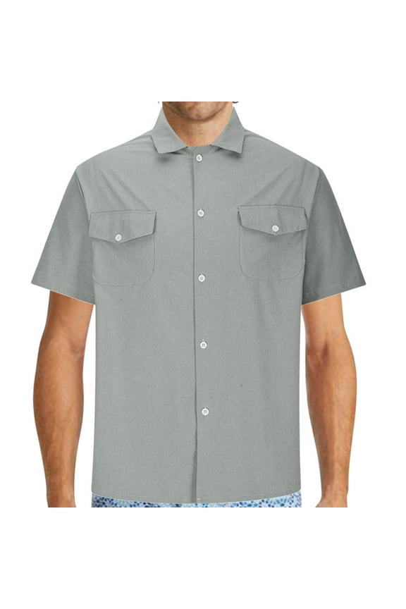 Mens Fishing Shirts UPF 50+ Short Sleeve Sun Protection Shirt Solid Button Down Lapel T-Shirts Outdoor Hiking Tees with Pockets Gray,L