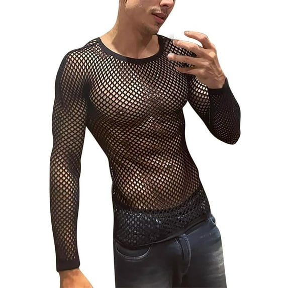 Dagegui Mens Fishnet T-Shirts Mesh Hollow Out Long Sleeve Tops Slim Fit Pullover Muscle Tee Stylish Party Club Shirts Black S