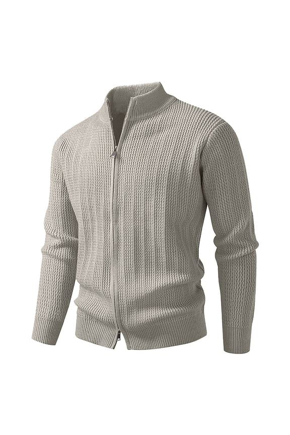 Mens Full Zip Sweater Jacket Casual Mock Neck Ribbed Knitted Sweaters Fall Winter Home Coats Beige L
