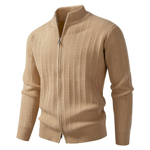 Dagegui Mens Full Zip Sweater Jacket Casual Mock Neck Ribbed Knitted Sweaters Fall Winter Home Coats Khaki S